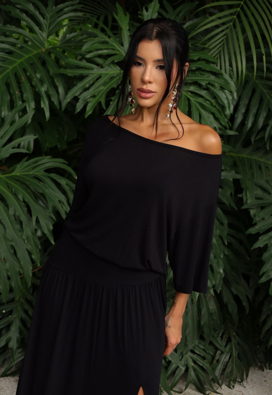VESTIDO LONGO OMBRO A OMBRO C/ FENDA PRETO
