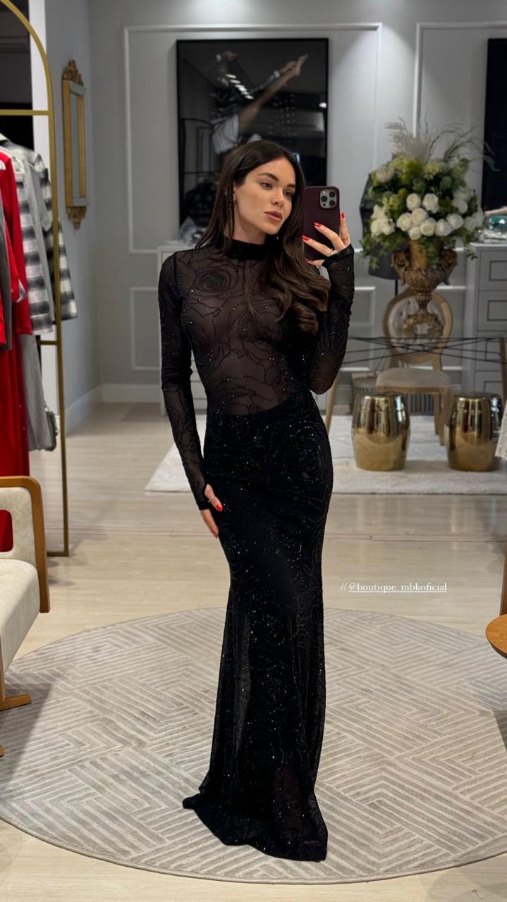 VESTIDO LONGO COM TRANSPARÊNCIA E BRILHO - CAOS