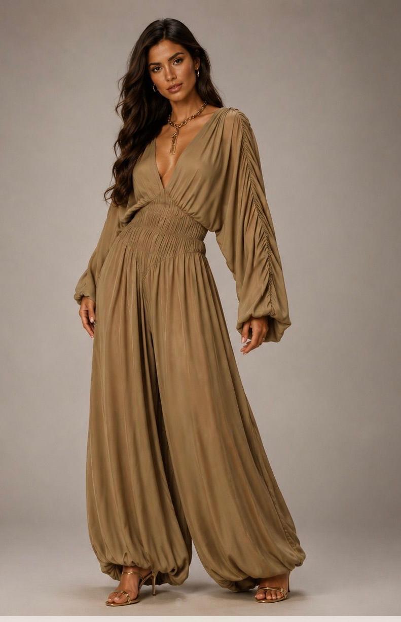 Macacão maxi boho flow com decote v