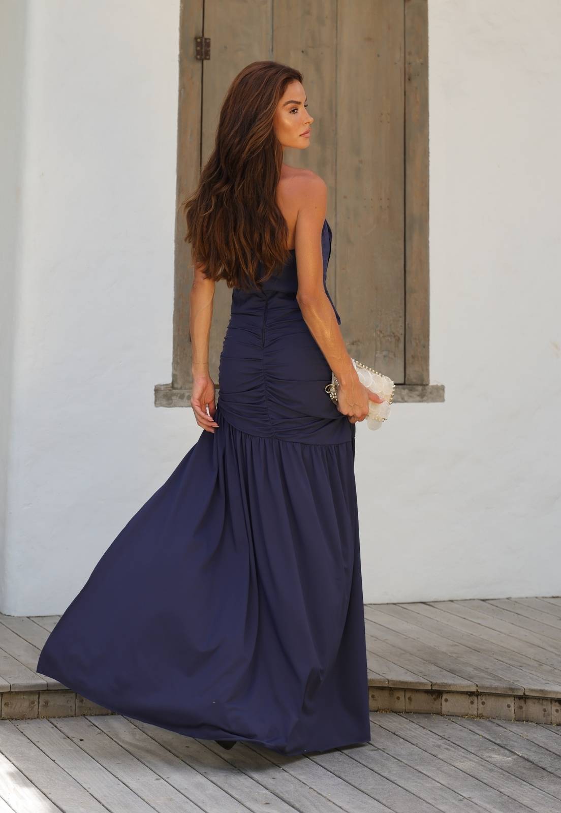 VESTIDO LONGO SEM ALÇA DRAPEADO AZUL MARINHO