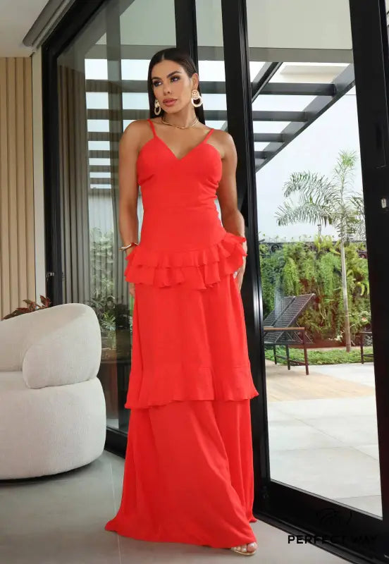 VESTIDO LONGO COM BABADOS VERMELHO - PERFECT WAY