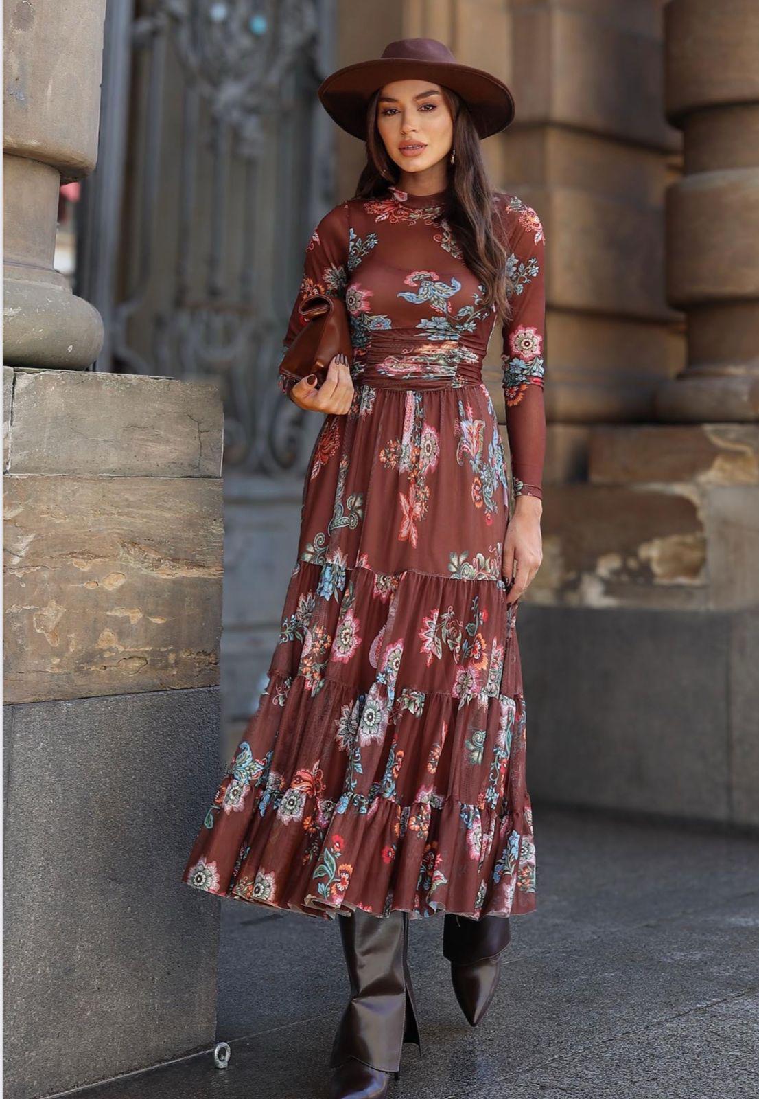 VESTIDO LONGO FLORAL COM MANGA LONGA + SAIA EM CAMADAS -  LUZIA FAZZOLLI
