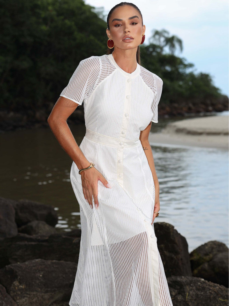 VESTIDO MIDI BRANCO EM TELA COM BOTÕES FRONTAIS - LUZIA FAZZOLLI