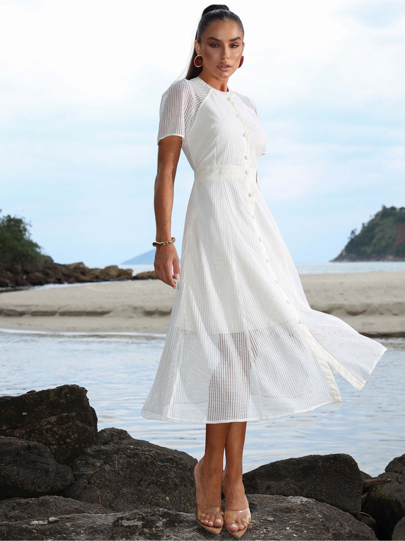 VESTIDO MIDI BRANCO EM TELA COM BOTÕES FRONTAIS - LUZIA FAZZOLLI