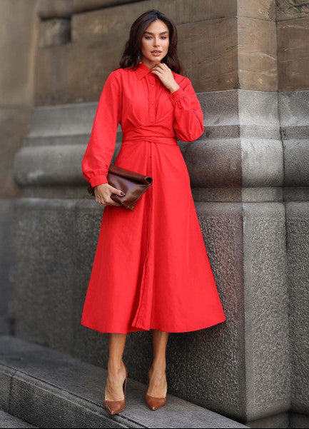 VESTIDO CAMISA MIDI VERMELHO COM MANGA LONGA - LUZIA FAZZOLLI