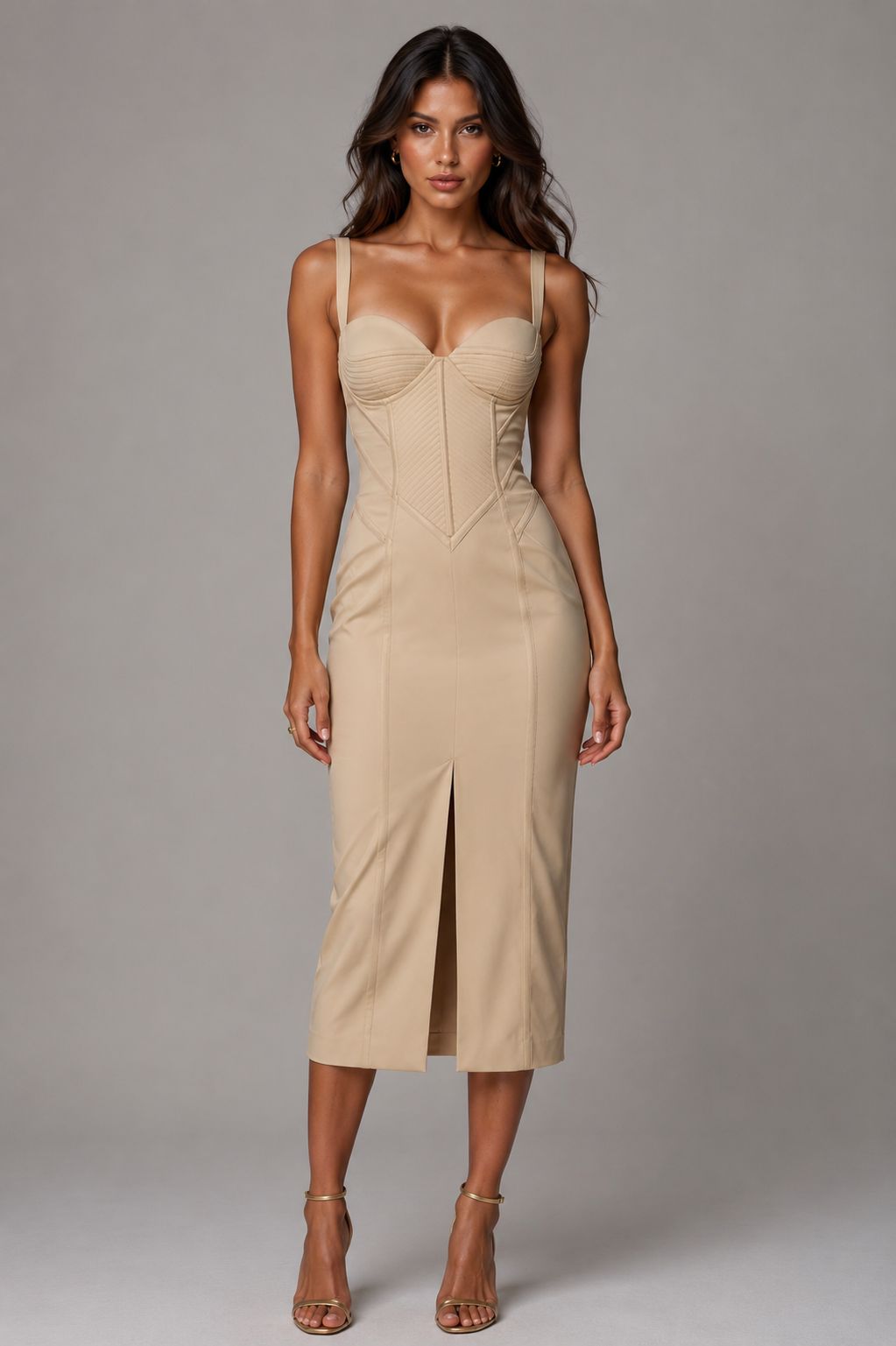 Vestido midi estilo corselet com alças largas e amarração traseira