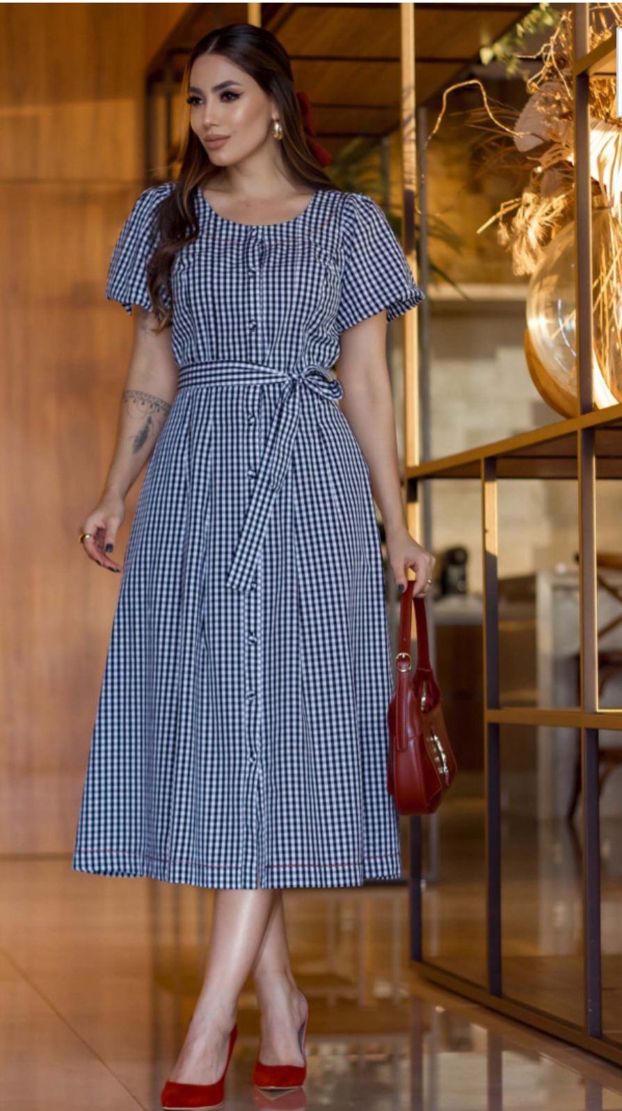 VESTIDO XADREZ MIDI EM TRICOLINE - LUZIA FAZZOLLI