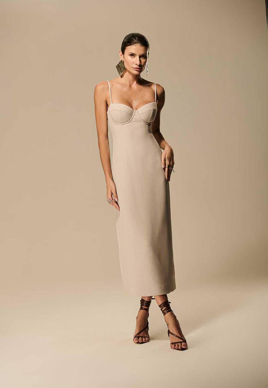 VESTIDO ALFAIATARIA FRANZIDO LATERAIS COSTAS E ALÇAS BORDADAS