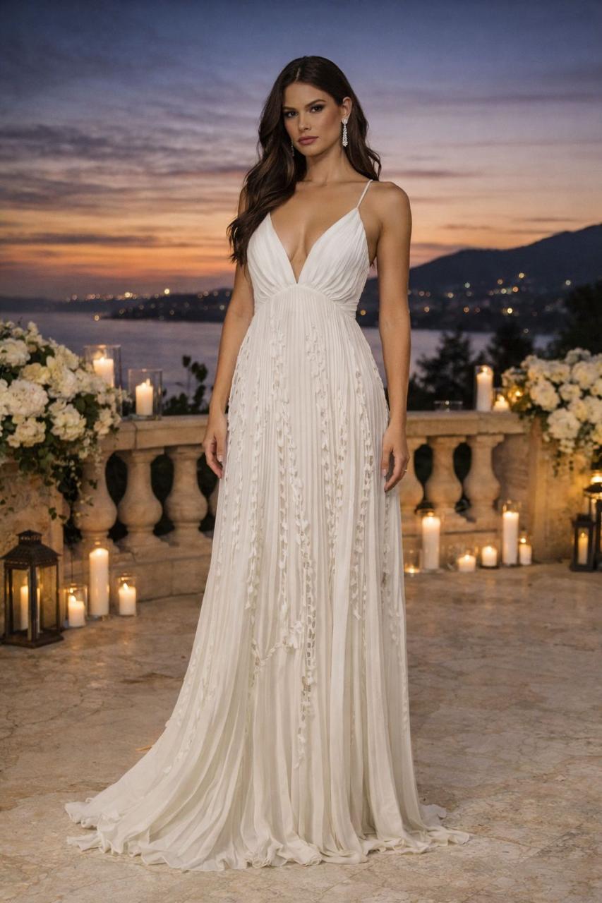 VESTIDO DECOTE V PLISSADO CORTE A LASER