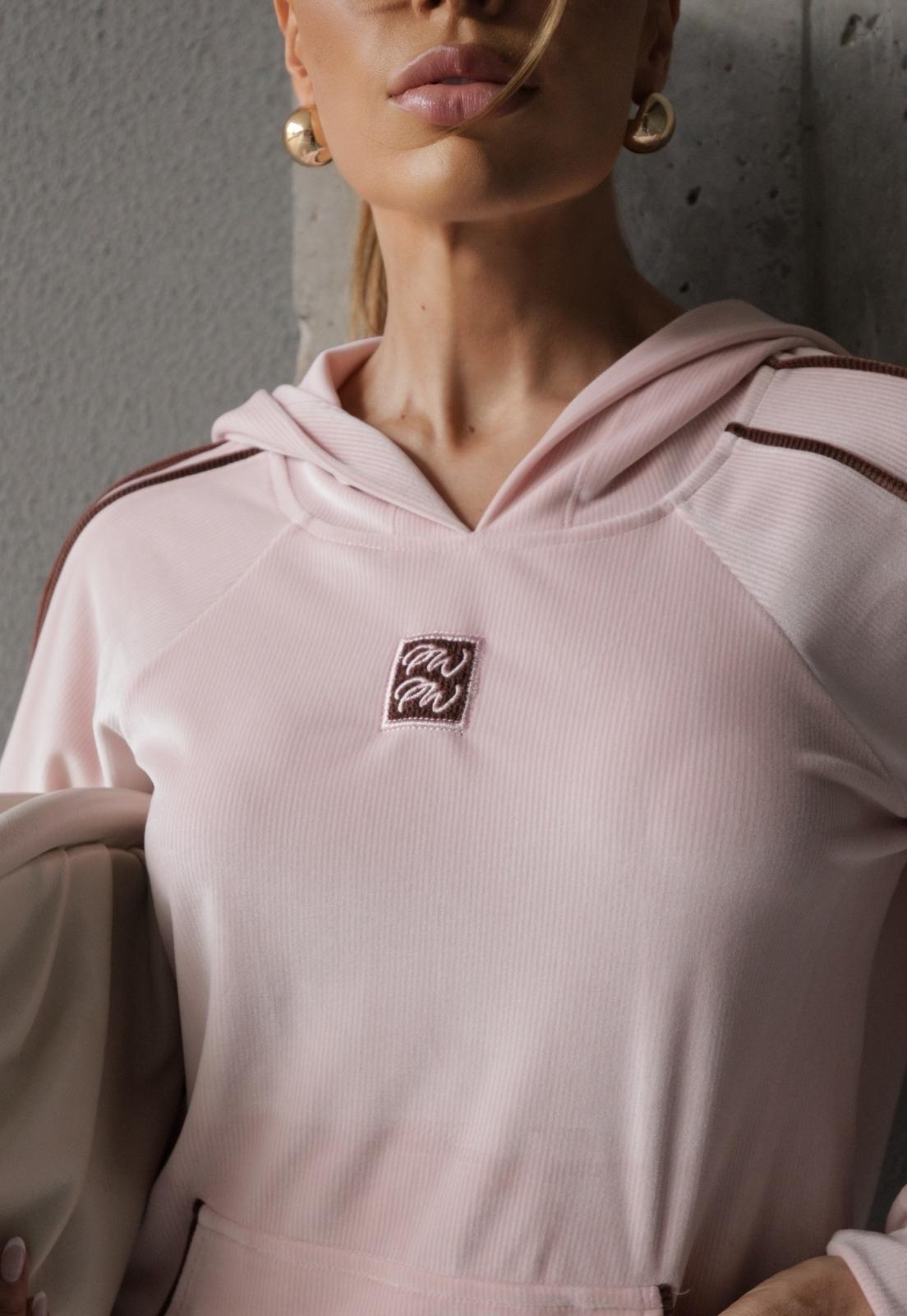 BLUSA BORD INDUSTRIAL C/ BOLSO E CAPUZ ROSA C/ CACAU