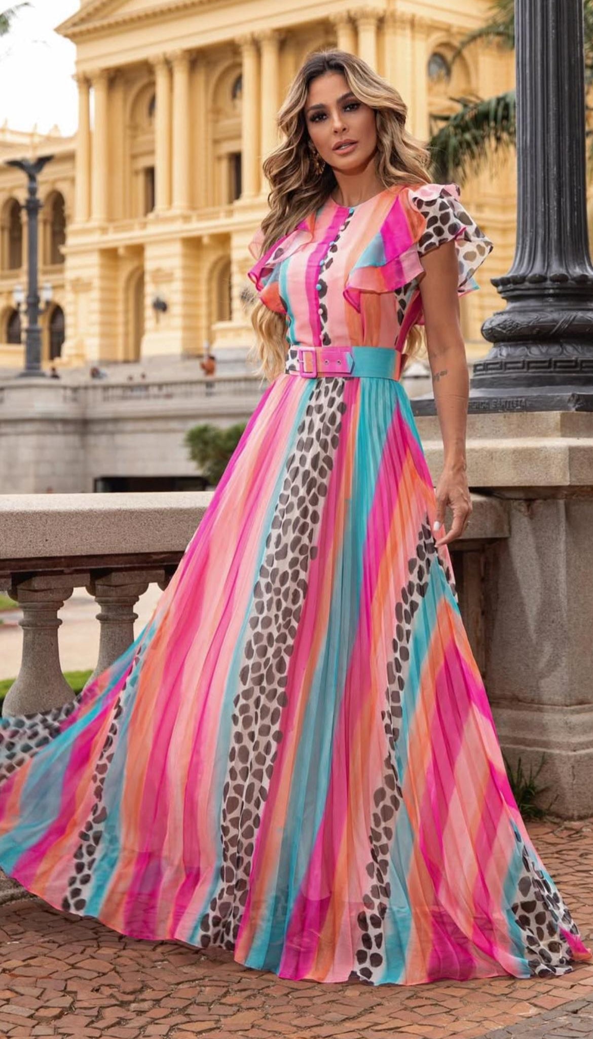 VESTIDO LONGO EM CHIFFON ESTAMPADO COM CINTO - LUZIA FAZZOLLI