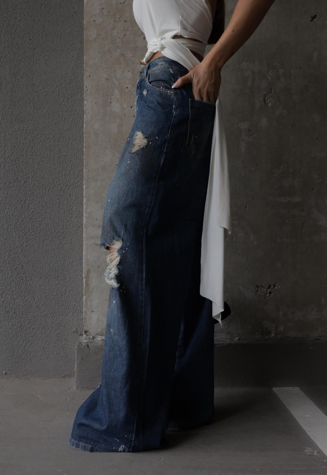CALÇA COS ALTO JEANS DESTROYED FEMININA