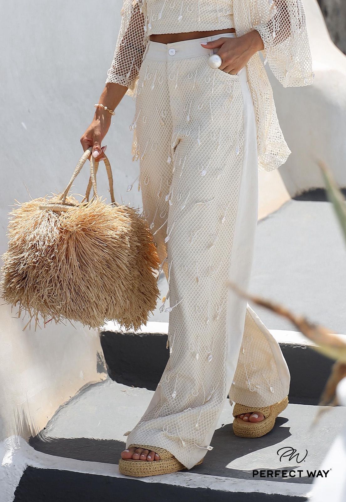 CALÇA C/TELA E BORD  BORDADA CRU