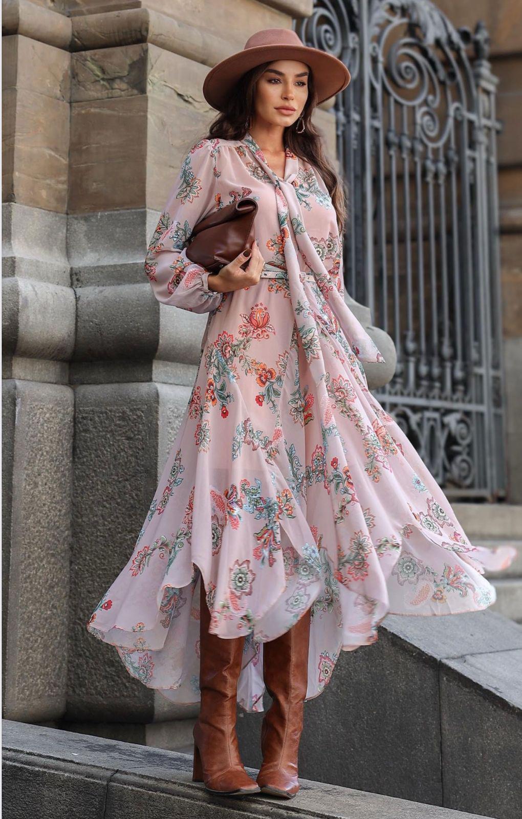 VESTIDO MIDI FLORAL COM SAIA ASSIMÉTRICA FLUIDA - LUZIA FAZZOLLI
