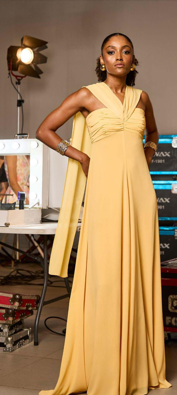 VESTIDO LONGO DE CHIFFON AMARELO - LUZIA FAZZOLLI