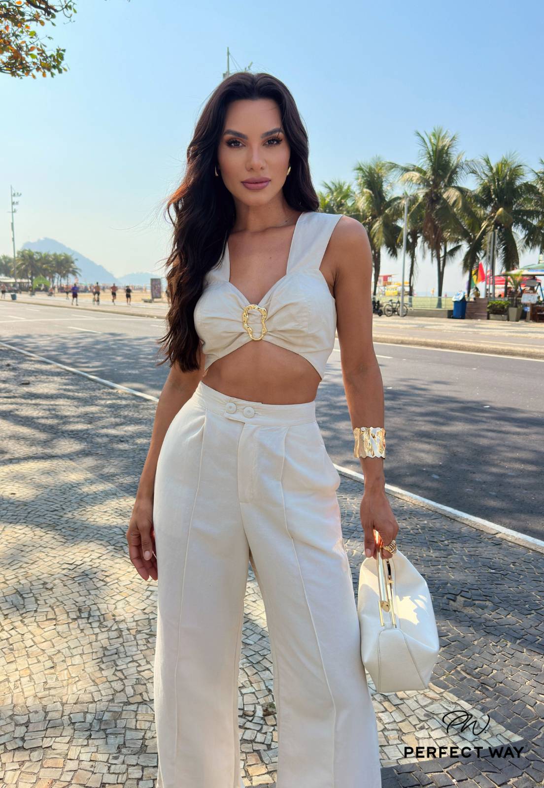 CONJUNTO FEMININO TOP + CALÇA PANTALONA ALFAIATARIA NATURAL - PERFECT WAY