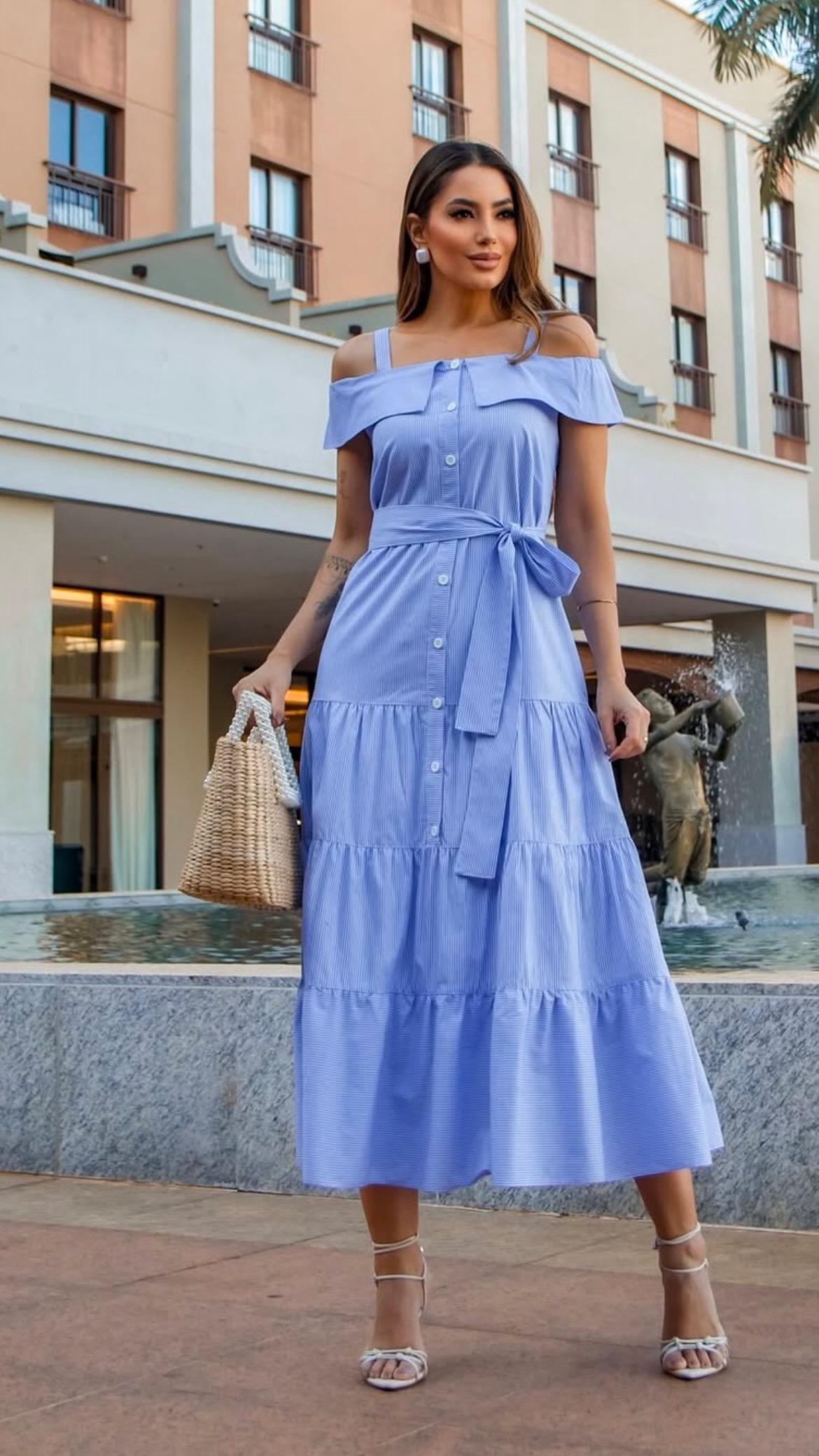 VESTIDO MIDI AZUL COM CINTO - LUZIA FAZZOLLI