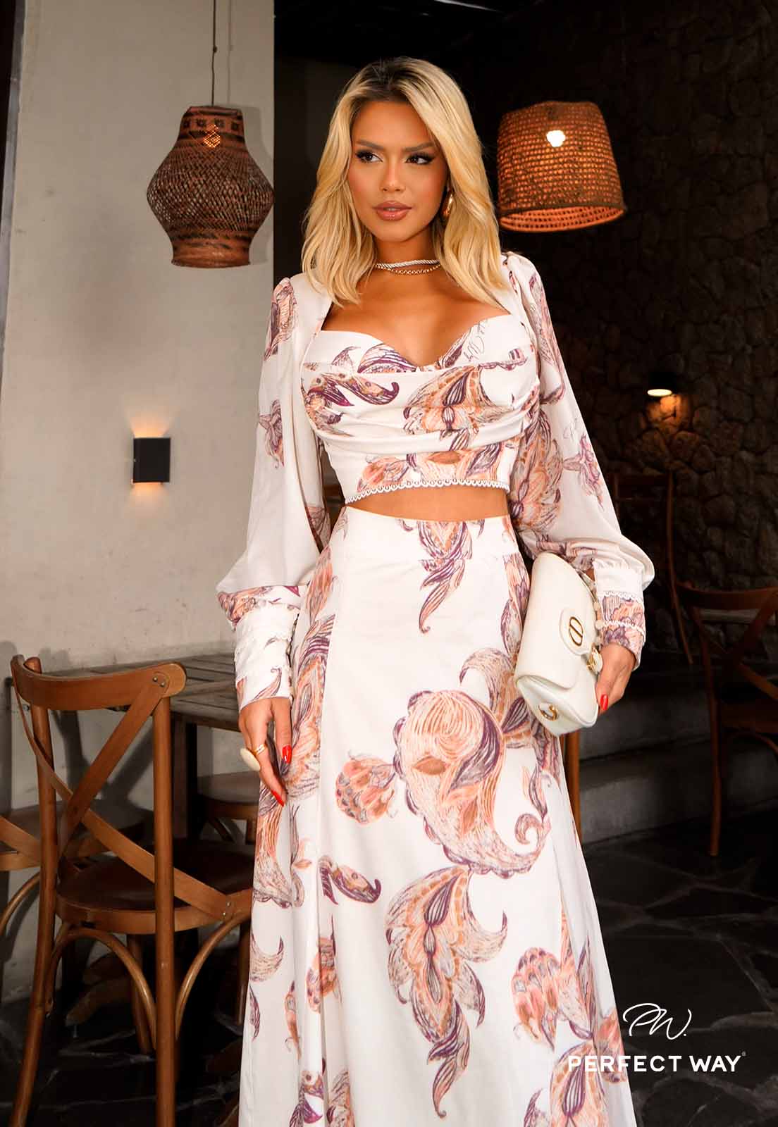 CONJUNTO FEMININO ESTAMPADO CROPPED + SAIA MAXI MIDI ASSIMETRICA BEGE - PERFECT WAY
