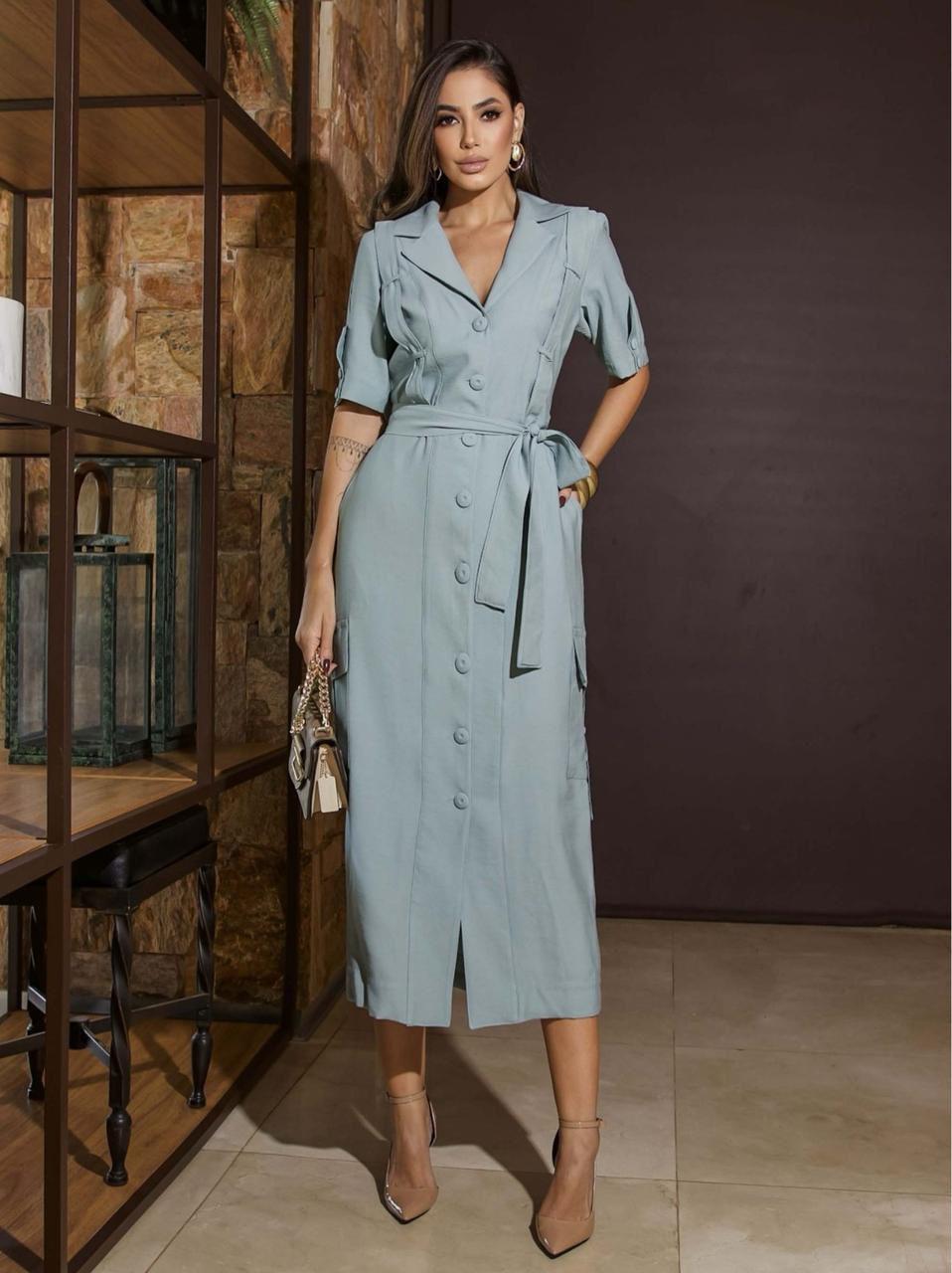 VESTIDO MIDI ALFAIATARIA COM BOTÕES + FAIXA PARA AMARRAÇÃO - LUZIA FAZZOLLI