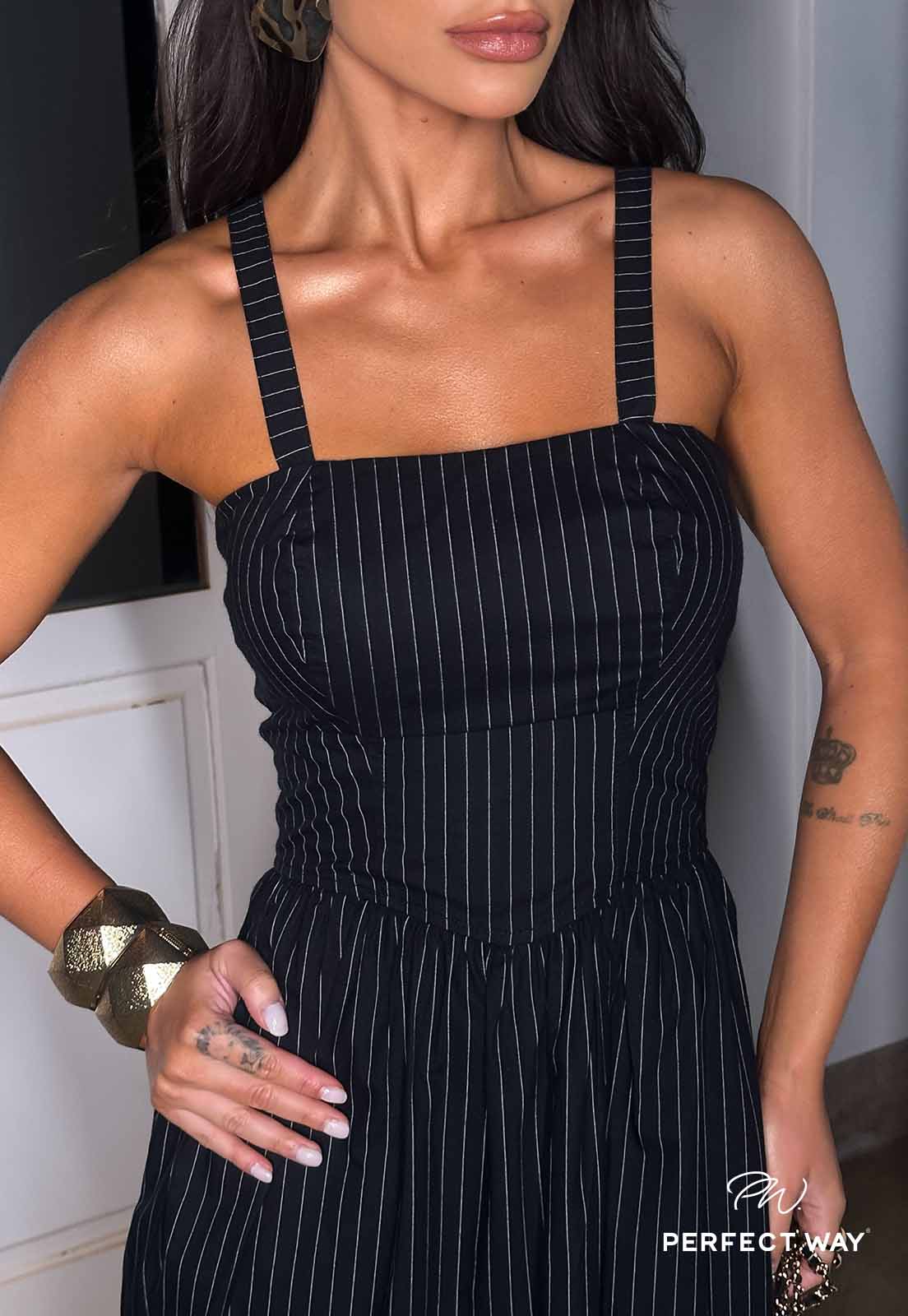 VESTIDO MIDI FEMININO RISCA DE GIZ PRETO C/ BRANCO PERFECT WAY