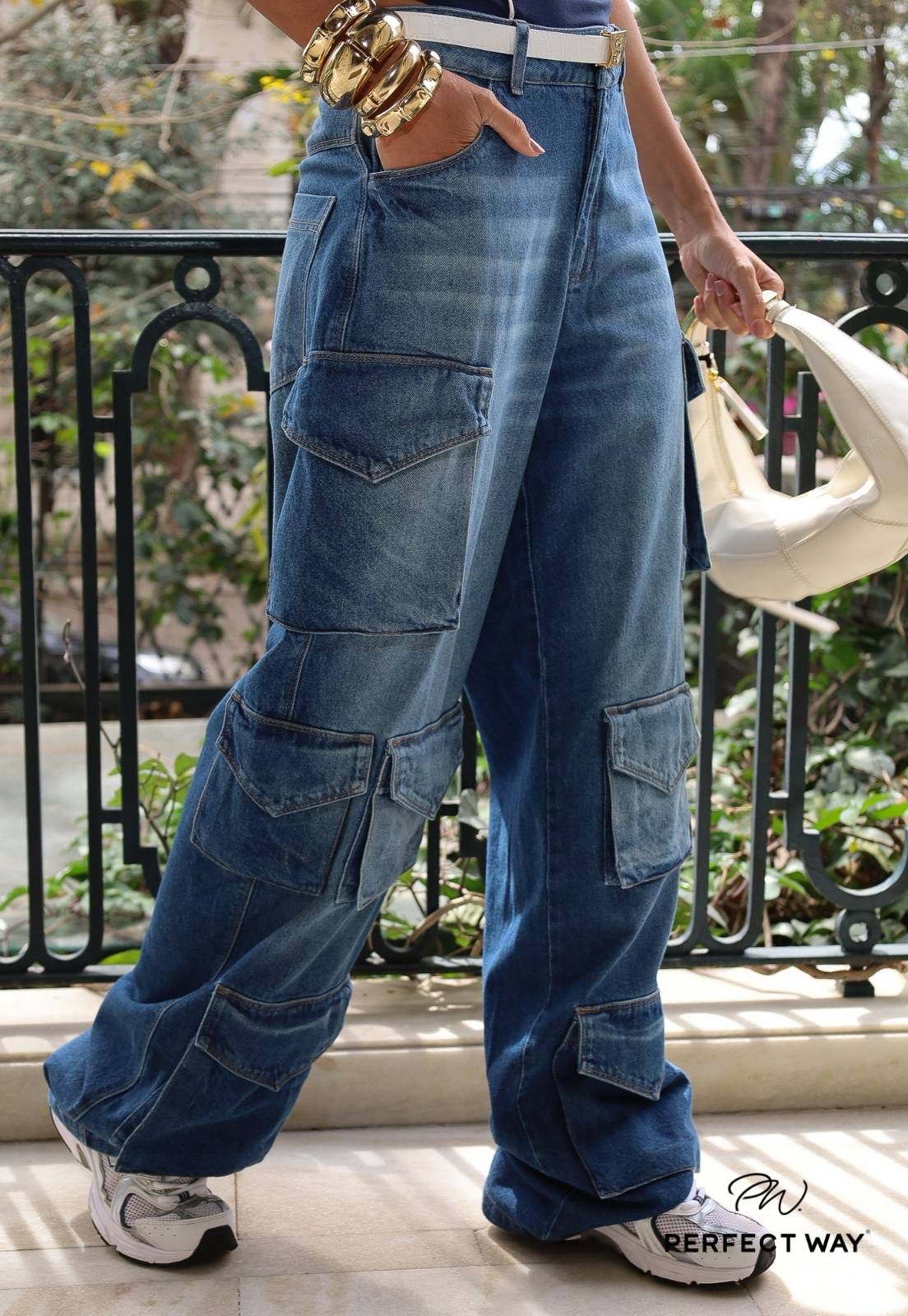 CALÇA JEANS CARGO FEMININA JEANS ESTONADO  M