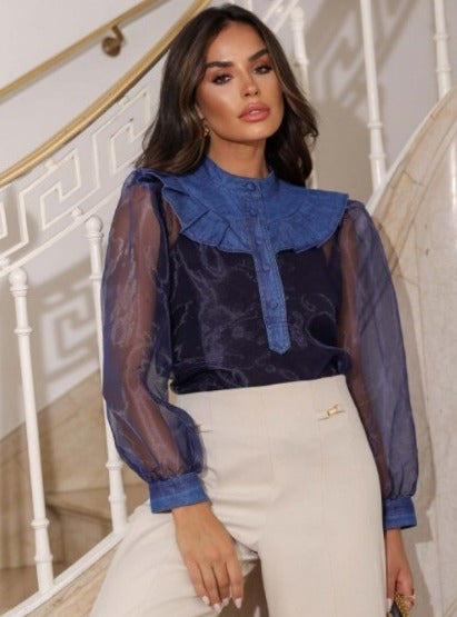 CAMISA DENIM MARINHO DETALHE ORGANZA - LUZIA FAZZOLLI