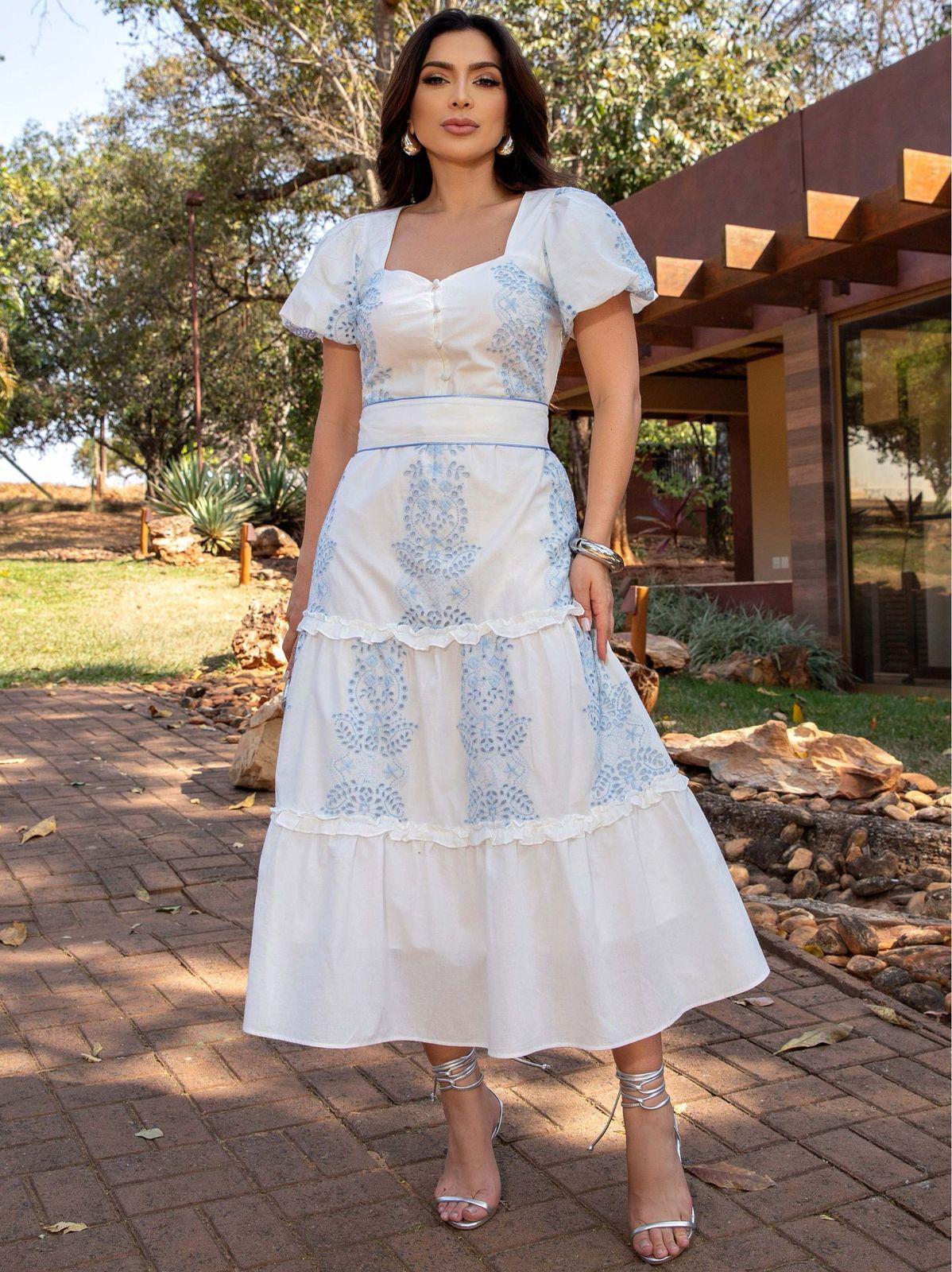 VESTIDO MIDI BORDADO COM MANGAS BUFANTES - LUZIA FAZZOLLI