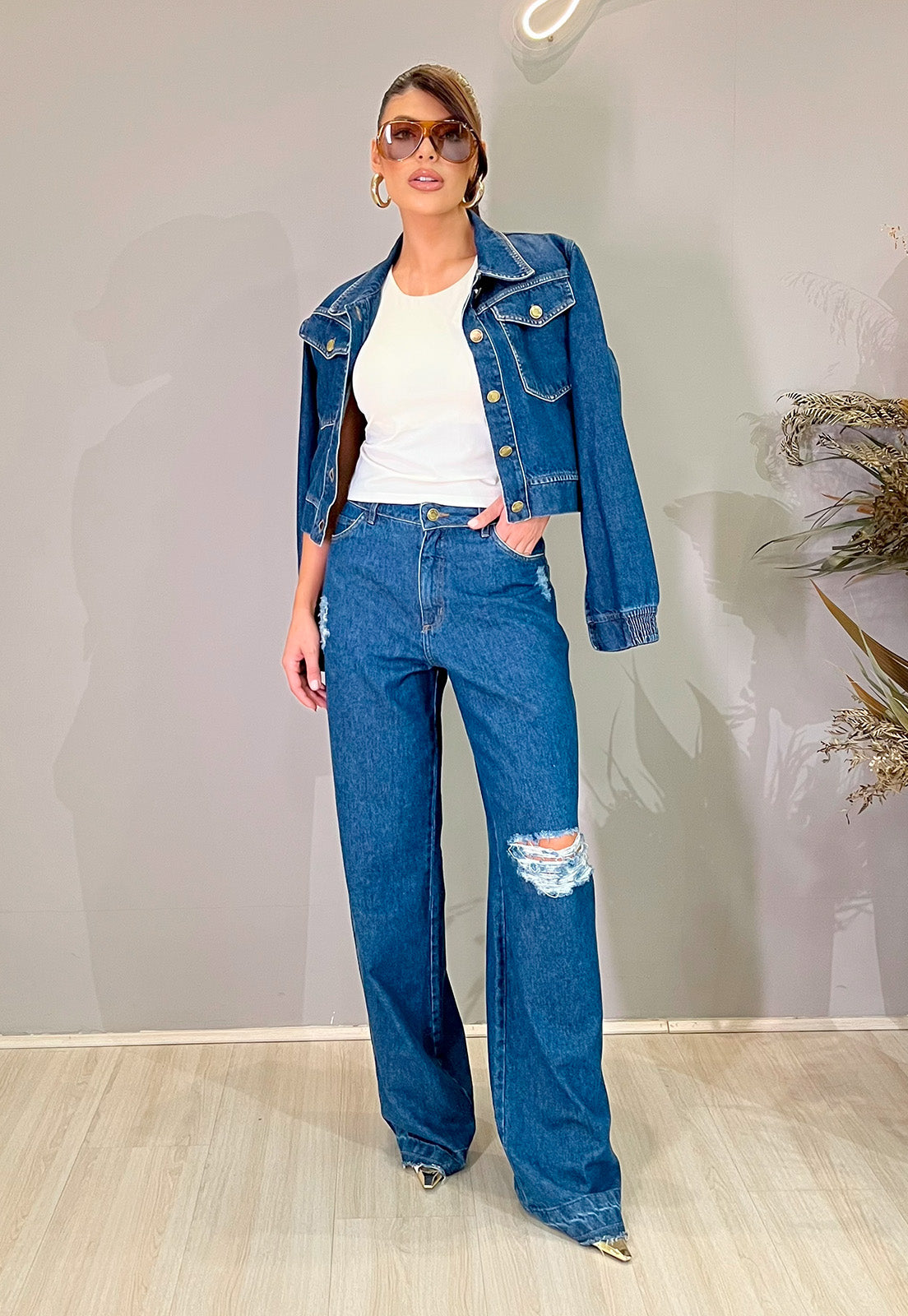 CALÇA WIDE LEG JEANS PUIDOS FEMININA