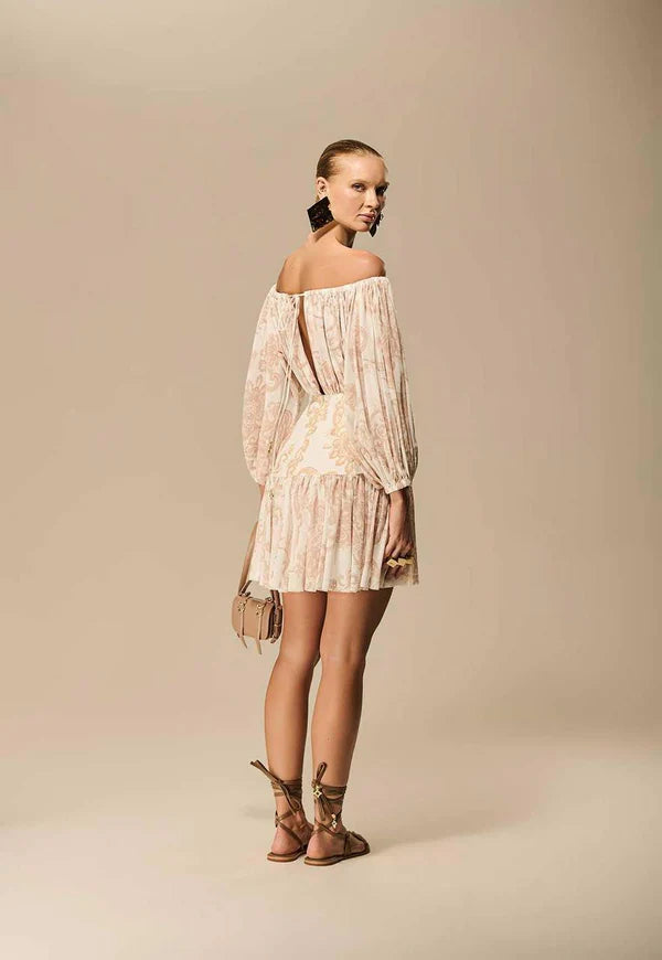 Vestido paisley ombro a ombro franzido