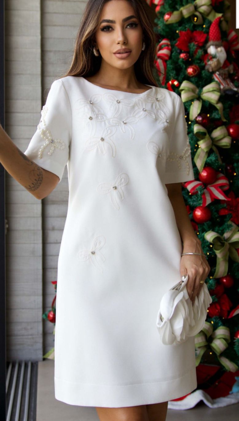 VESTIDO CREPE C LAÇOS BORDADOS - LUZIA FAZZOLLI