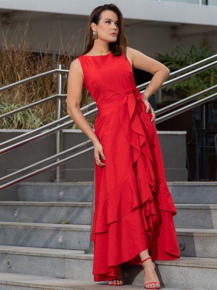 VESTIDO LONGO COM BABADOS E AMARRAÇÃO LATERAL - LUZIA FAZZOLLI