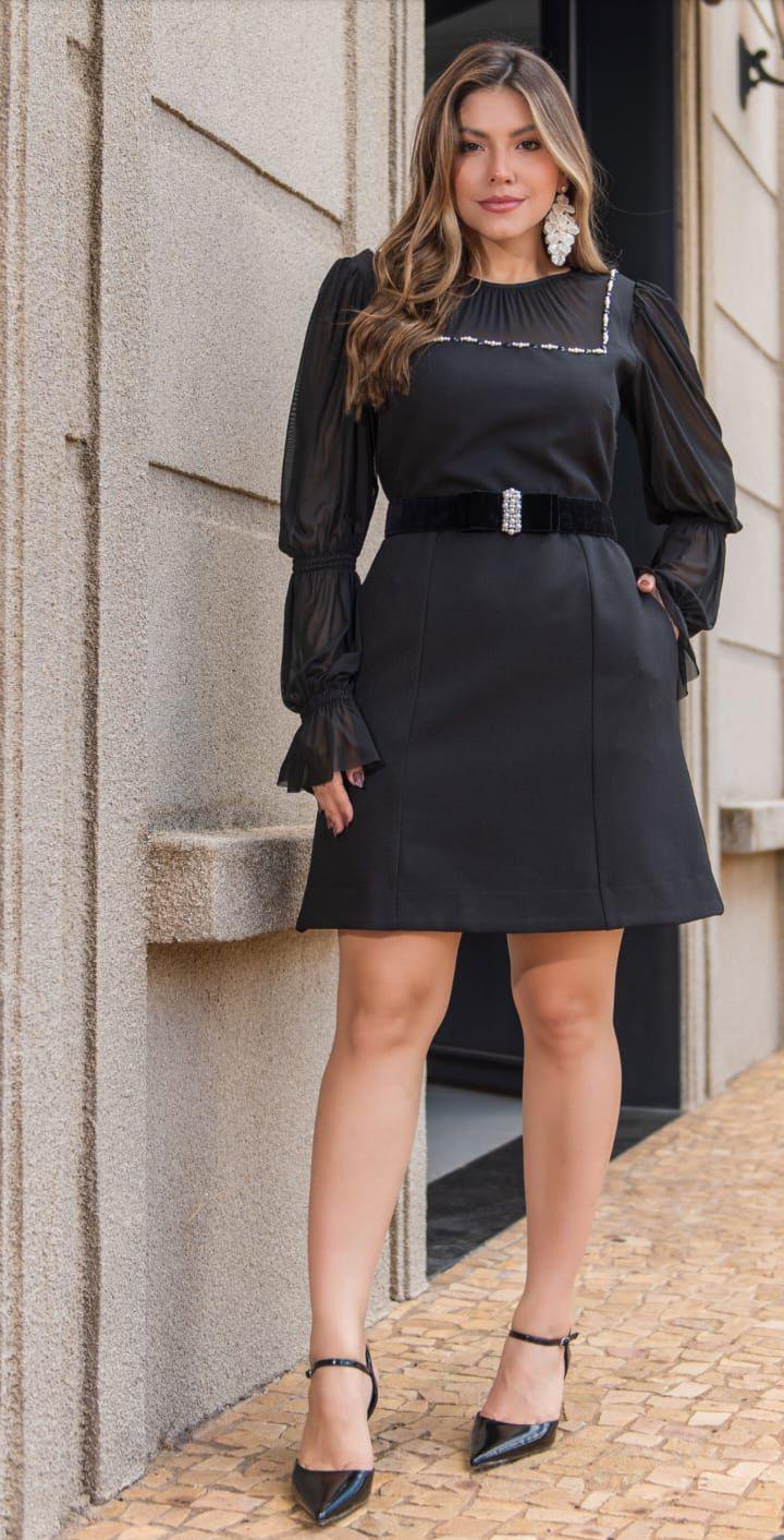 VESTIDO CURTO MANGAS EM CHIFFON + CINTO COM DETALHE EM BRILHO - LUZIA FAZZOLLI