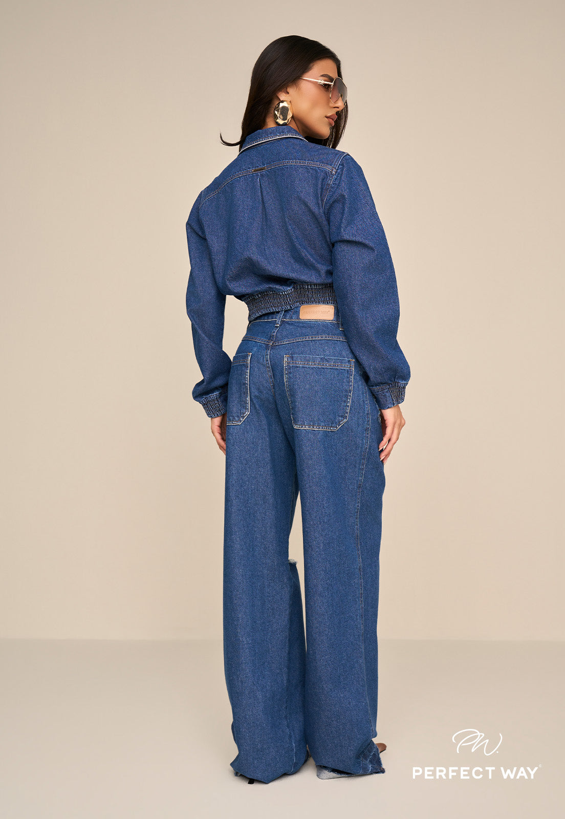 CALÇA WIDE LEG JEANS PUIDOS FEMININA