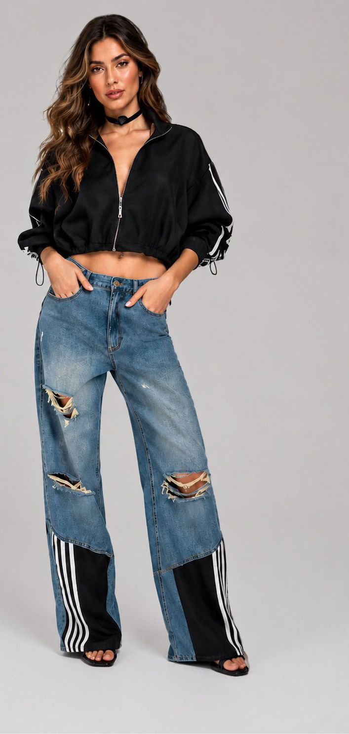 Calça jeans mixed texture reta com rasgos e recorte de nylon