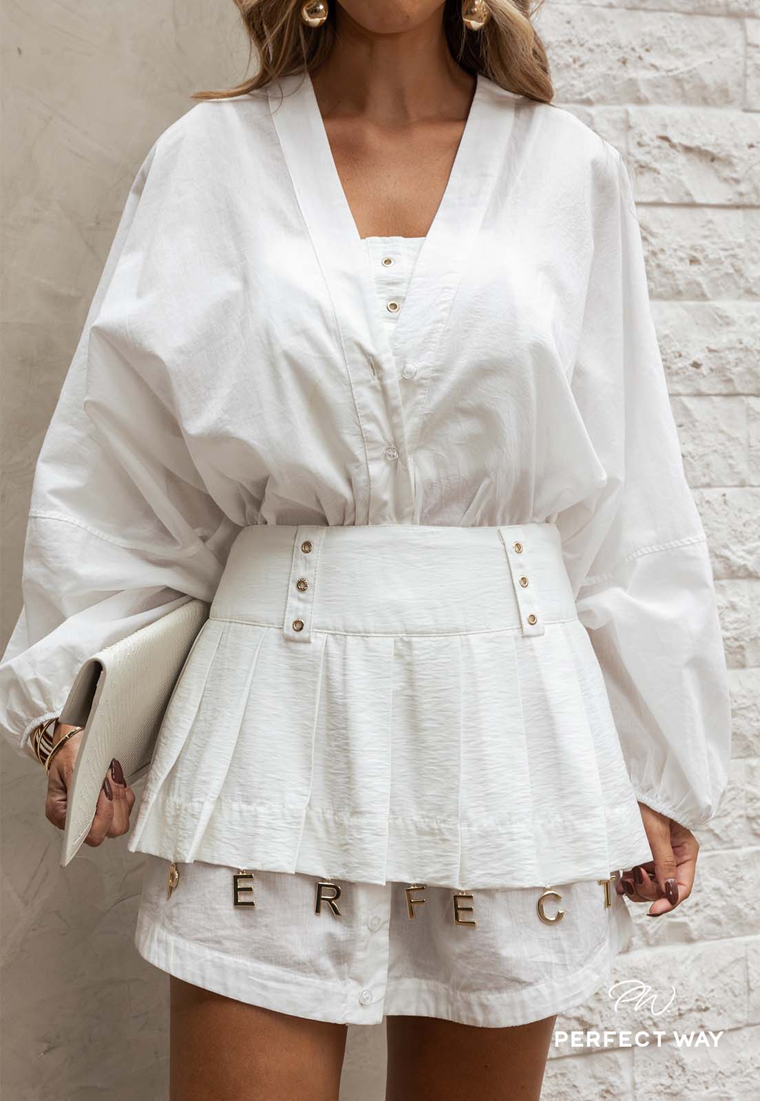 TRIJUNTO FEMININO CHEMISE OVER + TOP + MINI SAIA COM PREGAS OFF WHITE - PERFECT WAY