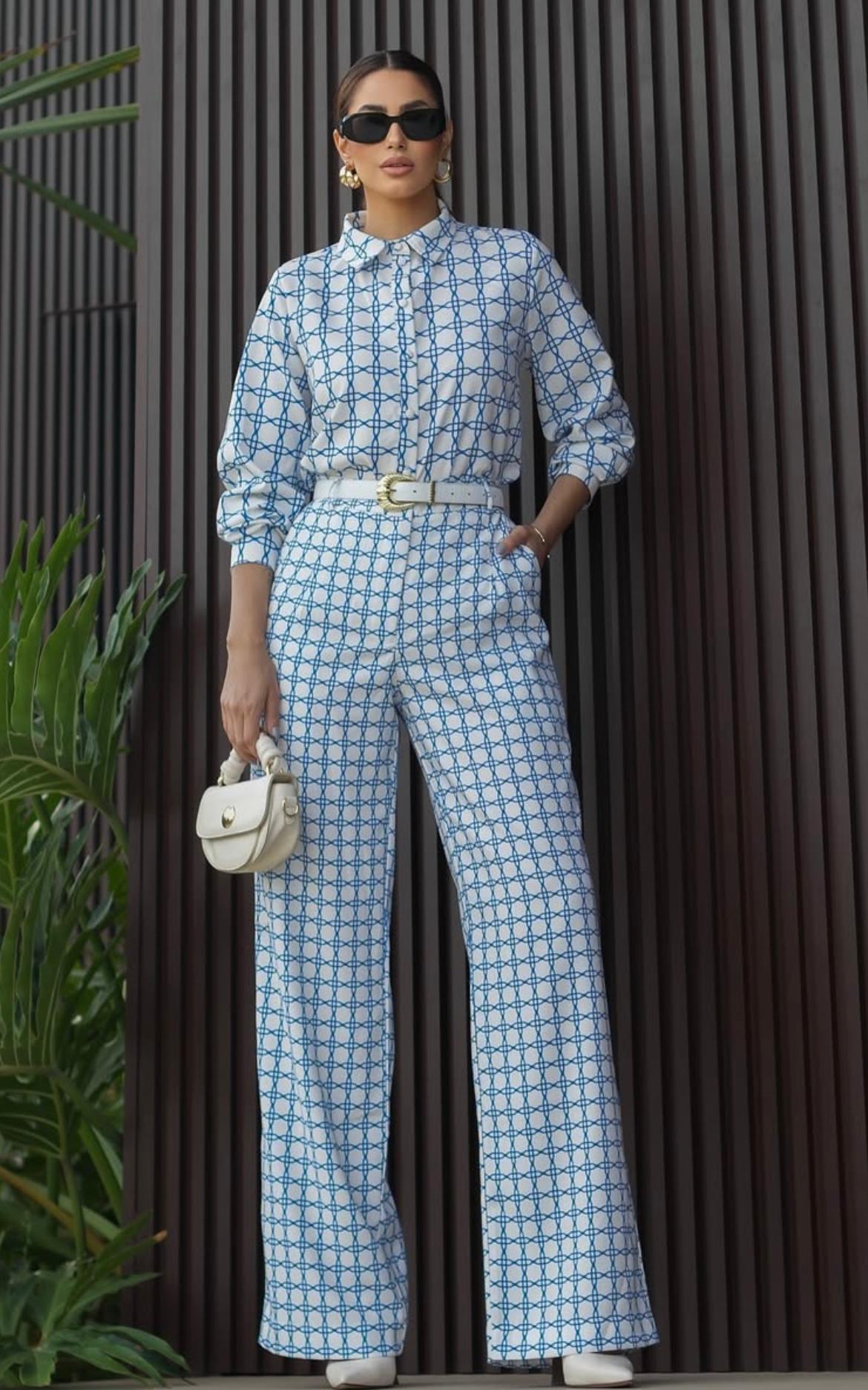 CONJUNTO ALFAIATARIA ESTAMPADO CAMISA + CALÇA WIDE LEG - LUZIA FAZZOLLI