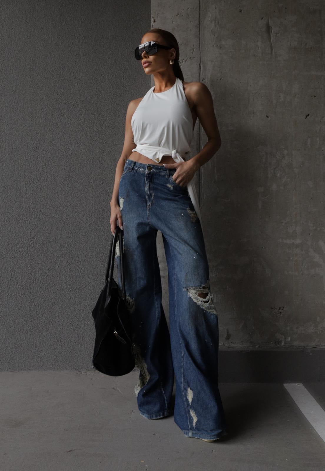 CALÇA COS ALTO JEANS DESTROYED FEMININA