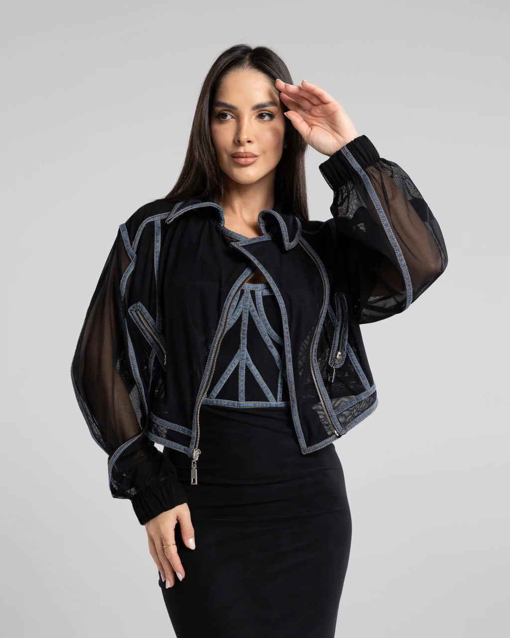 JAQUETA CAOS DE TULE COM VIES JEANS - PRETO